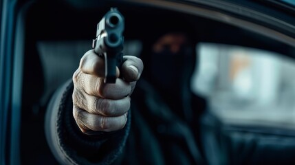 A robber points a gun at a driver in a car, illustrating car theft and danger with copy space