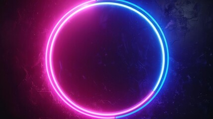 Obraz premium Abstract neon circle with pink and blue glow on dark background.