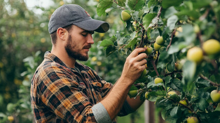 A farmer in an orchard, carefully pruning fruit trees to encourage healthy growth