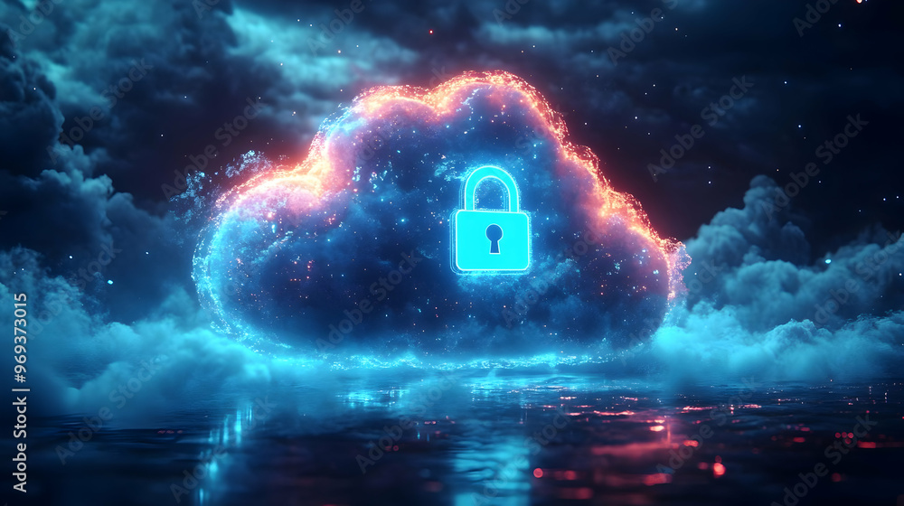 Poster a digital cloud with a padlock symbolizing data security and privacy.