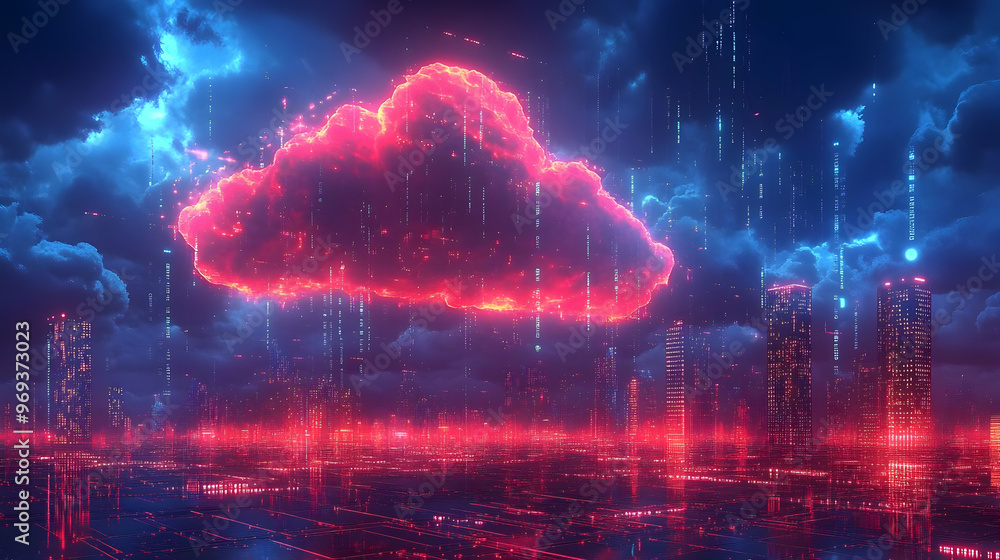 Poster a digital cloud with neon colors and data streams, representing technology and connectivity.