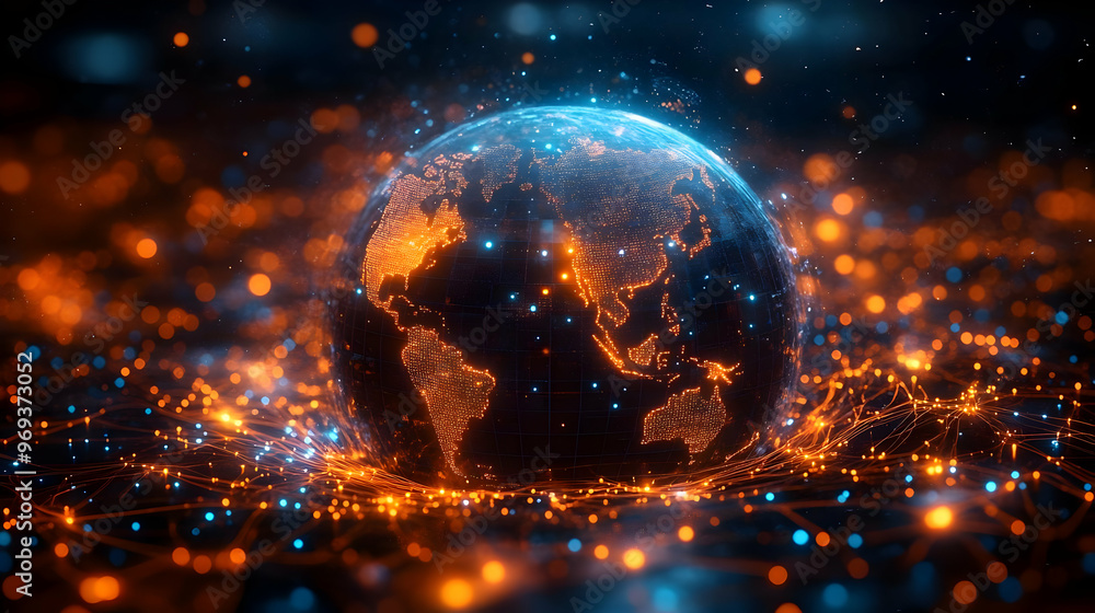 Poster A digital globe illuminated with glowing connections, symbolizing global networking and technology.