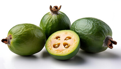 Whole and cut-open feijoa fruit isolated on a white background, ideal for culinary, exotic fruit, and food themes