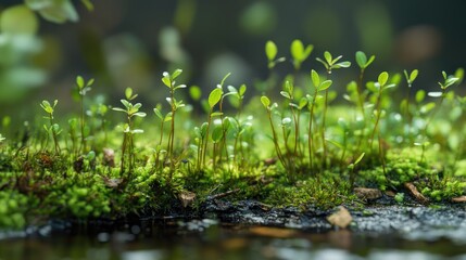 Close-up view of tiny, intricate plants along a nature trail in a bog, set against a natural, realistic background full of lush details