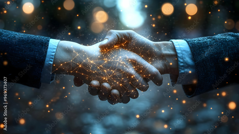 Poster a digital handshake symbolizing collaboration and connection in a business context.