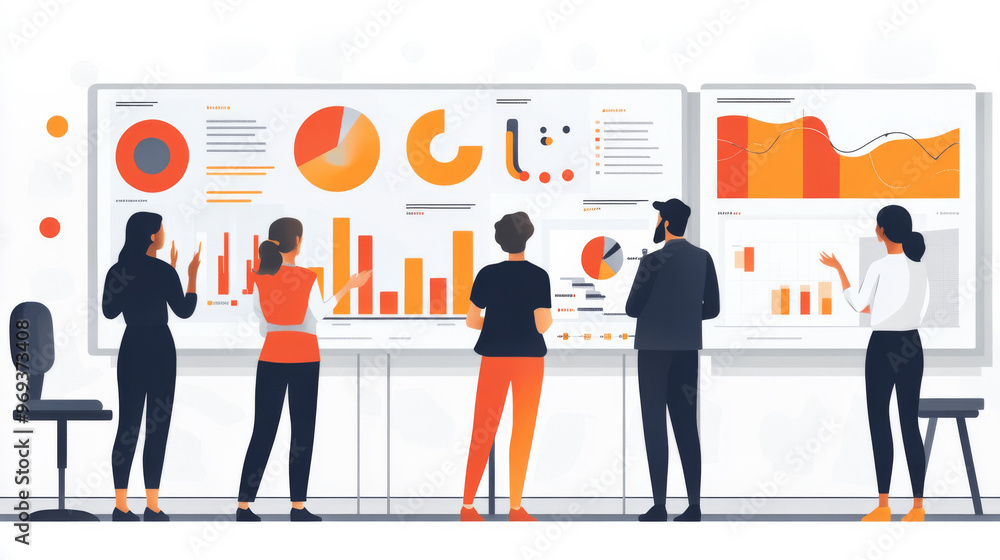 Poster a group of people are looking at a large monitor with various graphs and charts