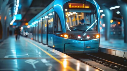 A vibrant blue train arrives at a modern station, illuminated by soft lights, capturing the essence of urban transit.