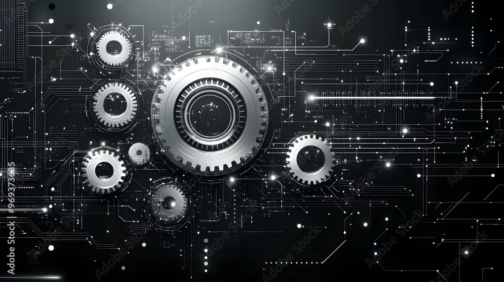 Poster a digital illustration featuring gears and circuit patterns, symbolizing technology and innovation.