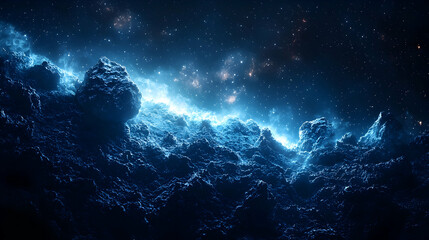Cosmic Landscape with Blue Nebula - 3D Illustration