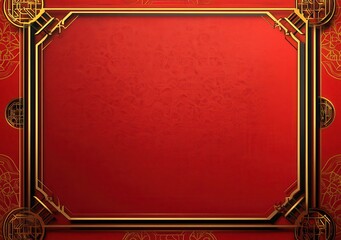 Red background, golden border, in the style of Chinese style, illustration, simple lines, symmetrical composition, flat design, geometric shapes, high saturation color scheme, traditional pattern fram