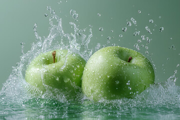 Fresh Green Apples Splashing in Water