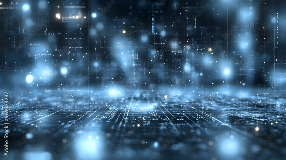 Poster a digital landscape with glowing particles and grids, representing technology and data flow.