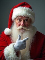 Fototapeta premium Cheerful Santa in red and white joyfully points, capturing holiday spirit with warmth and kindness