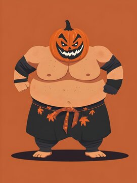 recommend clip art: Spooky Halloween Sumo Wrestler in Pumpkin Mask Flat Design for Seasonal Tournament Event  Muscular Aggressive Character Icon in Triadic Color Scheme of Orange