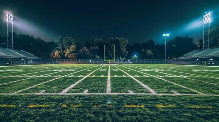 Empty American football field at night under bright stadium lights.