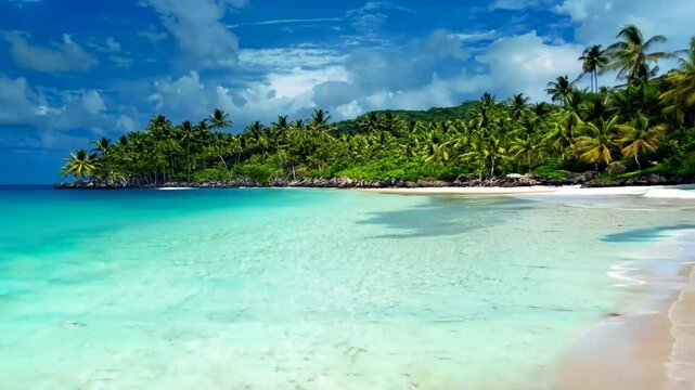 Landscape footage of the beach of Boracay Island with lush greenery and clear water in Philippines