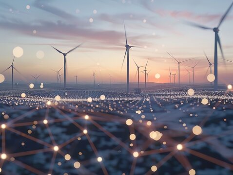 Horizons energy harnessed, windmills stand against a network of light at daybreak