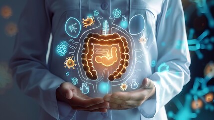 Imagery conveying leaky gut prevention, possibly through images of a healthy gut barrier or protective mechanisms