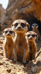 Fototapeta premium In a 3D realistic action rendering, a clan of meerkats play a game of hide and seek in the desert, popping up and ducking into burrows