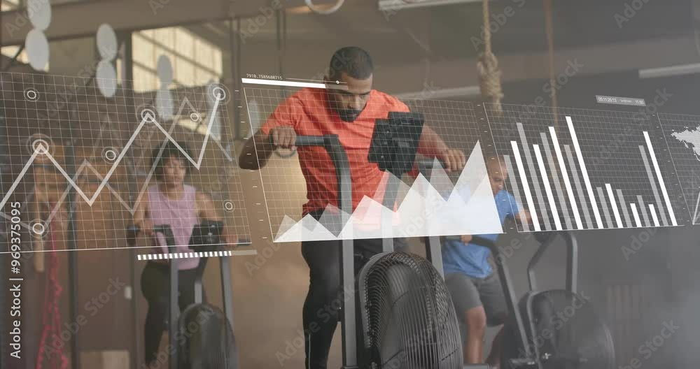 Aufkleber animation of financial data processing over diverse people using elliptical bikes on gym