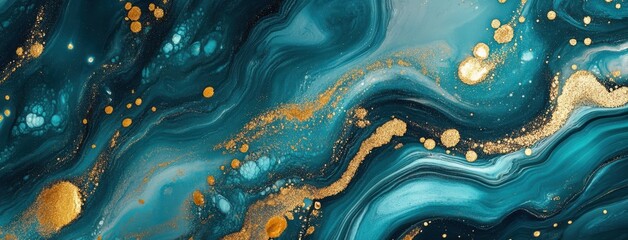 Abstract fluid art painting with turquoise and gold glitter, liquid marble texture with water drops, luxury background design.