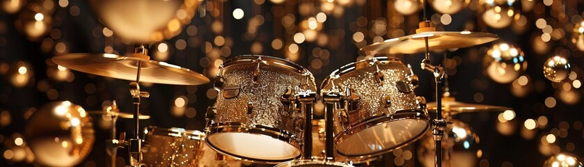Naklejka premium Jazz age reimagined, a gilded drum kit plays amidst a constellation of golden globes