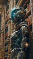 Fototapeta premium Jurojin, the god of wisdom, as a cyborg librarian, cataloging universal knowledge in an infinite digital library