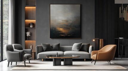 Modern living room featuring luxury canvas artwork on the wall, elegant furnishings, and a detailed realistic background, Generative AI