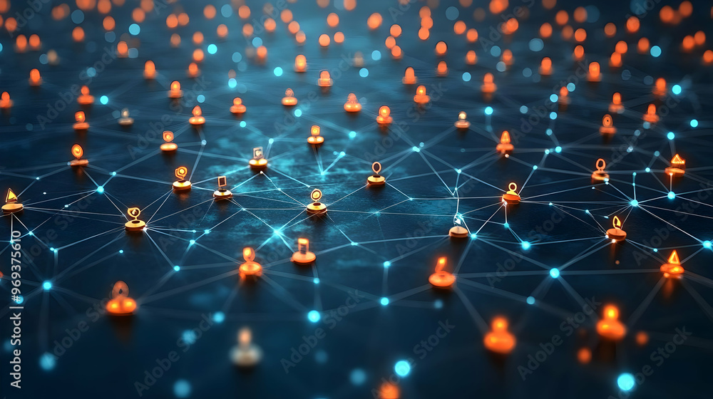 Poster a digital network representation with nodes and connections in vibrant colors.