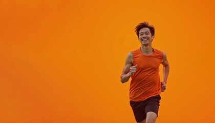Joyful asian sportsman runs forward, golden hues of orange background, energy and happiness