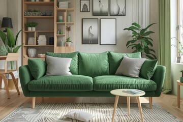 Modern green sofa with wooden legs in a living room setting.