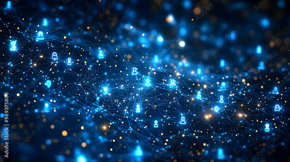 Poster a digital network visualization with glowing blue icons representing connections and users.