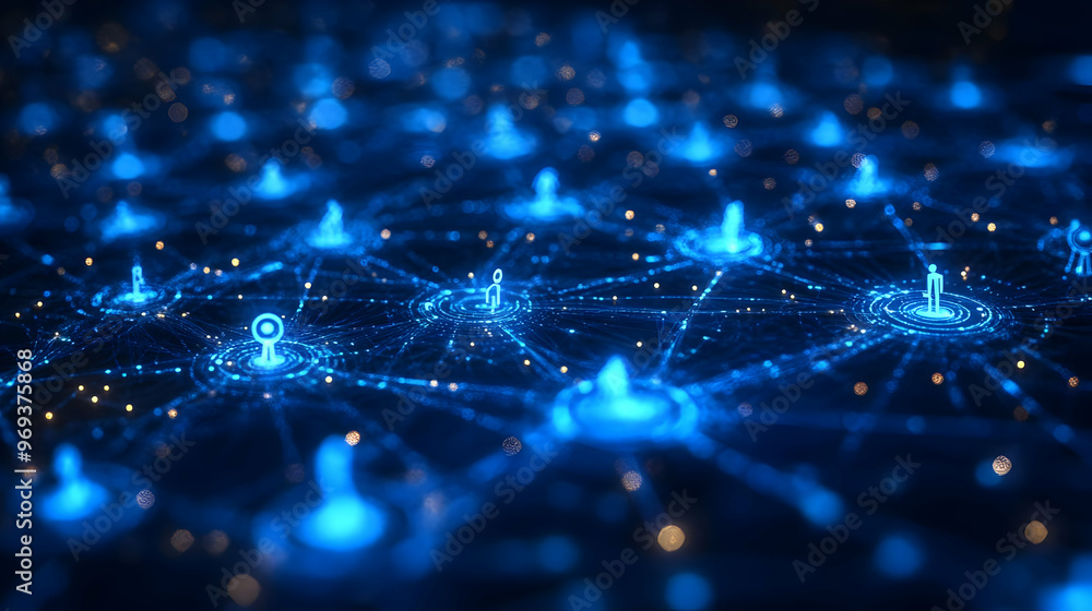 Poster a digital network visualization with glowing blue nodes and connections.