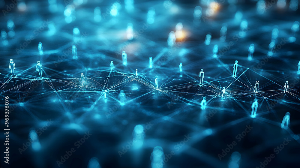 Aufkleber a digital network visualization with interconnected figures representing social connections.