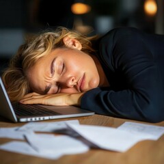 Exhausted woman slumped over a laptop in a dimly lit office, papers scattered around, representing work fatigue and burnout