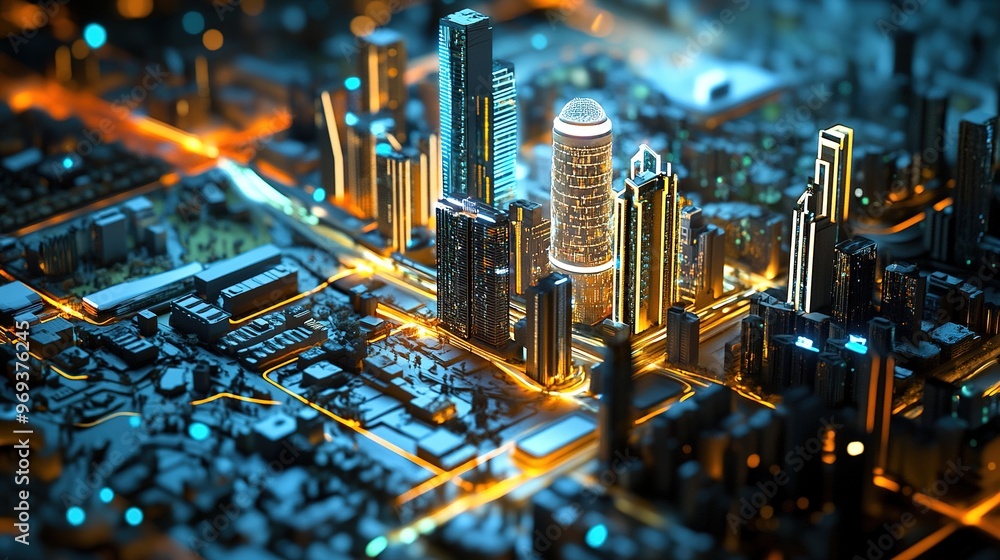 Poster a digital city model powered by ai showing real-time analytics