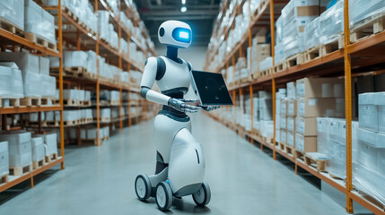 Fototapeta premium A humanoid robot with a tablet monitors inventory in an automated warehouse, showcasing the future of AI-driven logistics and smart supply chain management.