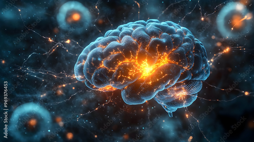 Poster a digital representation of a brain with neural connections and glowing activity.