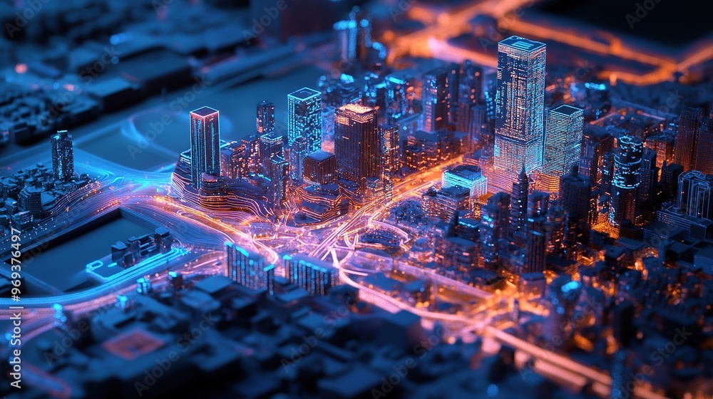 Poster a digital city model powered by ai showing real-time analytics