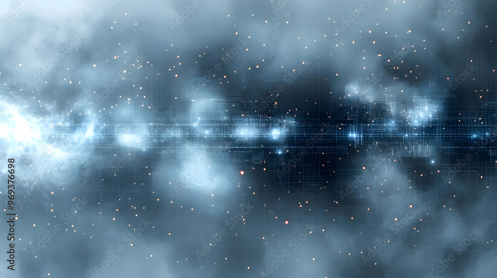 Poster a digital representation of a cosmic landscape filled with stars and abstract patterns.