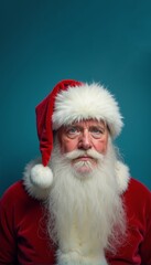 Naklejka premium Sad tired Santa Claus with white beard and red hat exudes warmth and cheer during holiday season