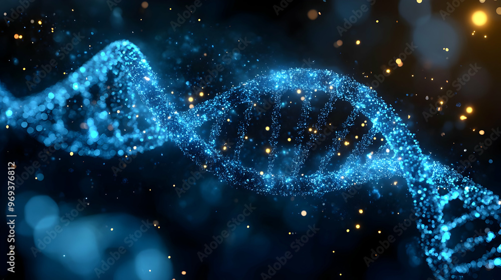 Poster a digital representation of a dna double helix with glowing particles.