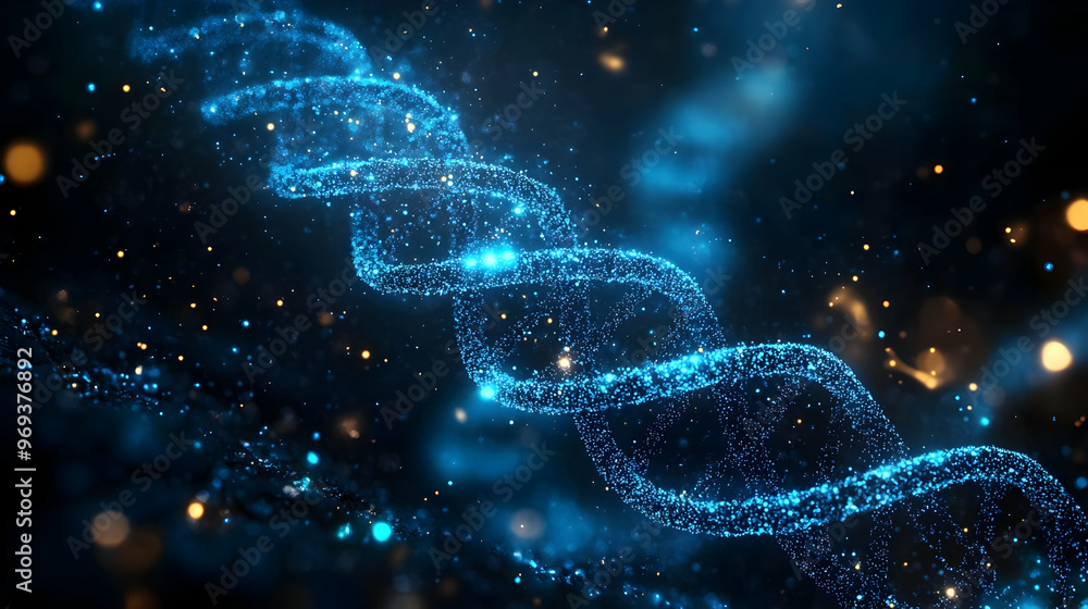 Poster a digital representation of a dna helix with glowing particles on a dark background.