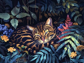 Moonlit giggles emanate from a striped feline, nestled in a dreamy grove with vibrant flora