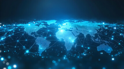 Fototapeta premium A digital representation of a global network with interconnected nodes and a world map.