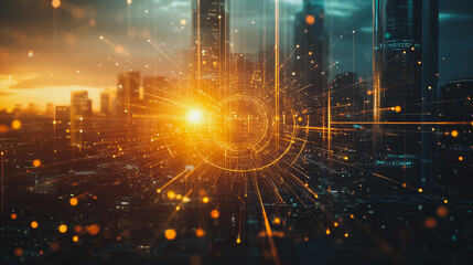 Obraz premium smart, digital, city, connection, network, reciprocity, Smart digital city with connection cyber security network reciprocity over the cityscape . future smart wireless digital city and social media n