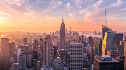 Stunning aerial view of New York City skyline at sunset.