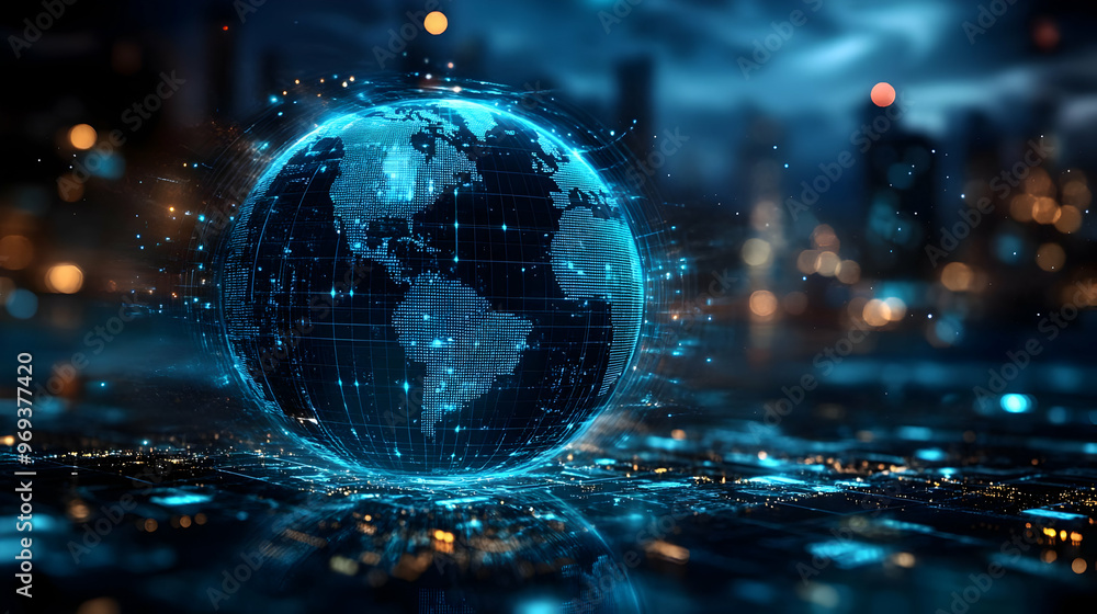 Poster a digital representation of a globe with a network overlay, symbolizing global connectivity.