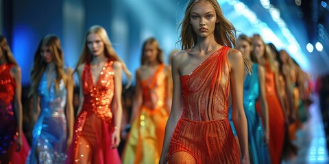 Obraz premium Models showcase vibrant fashion on the runway during a summer collection event in a major city