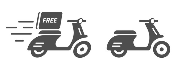 Delivery free via motor scooter bike fast icon vector simple graphic pictogram illustration set, motorcycle silhouette shape courier shipping service isolated cut out black white image clip art retro
